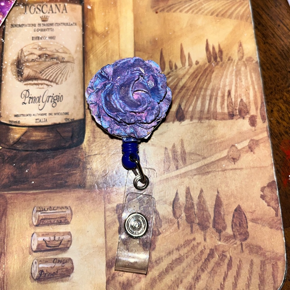Purple pink shimmering Rose badge reel